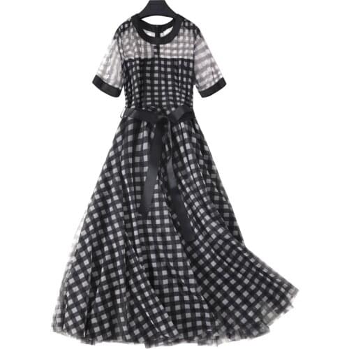 2021 Summer New Arrival Casual Big Size Short Sleeve Plaid A Line Mesh Dress Female
