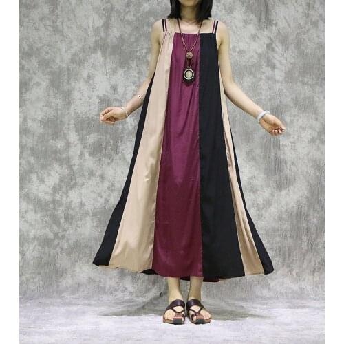 Women Loose Spaghetti Strap Patchwork Dress Ladies Vintage Summer Tank Dress Female Spliced Sleeveless Dress 2020 Cupro Cotton