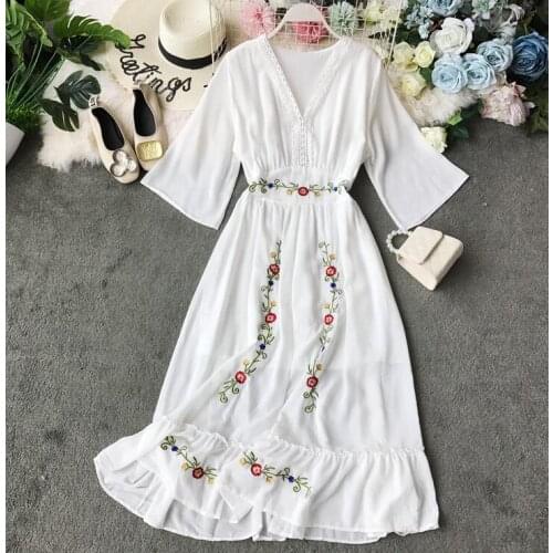Womens spring summer vintage v neck embroidery dress female hollow out vacation beach white dress TB1266