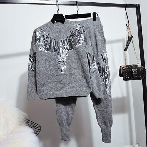 Winter Tracksuit Women Suit Fashion Wings Sequin Long sleeve knitted Sweater Tops + Casual Harlan Pants 2 Piece Set Women G523