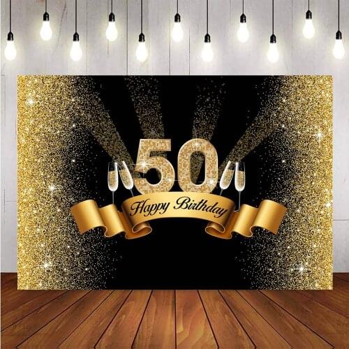 Gold and Black 50th Birthday Photography Backdrop Adult Golden Glitter Diamonds Shiny Background Fifty Years Old Age Party Decor