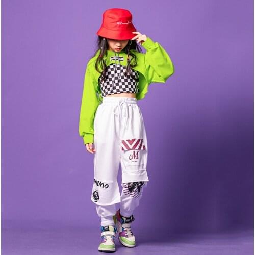 2021 Girls Hip Hop Clothing Jazz Costume Lattice Tops Fluorescent Green Pants Modern Show Outfit Rave Hip Hop Clothes Kids Wear