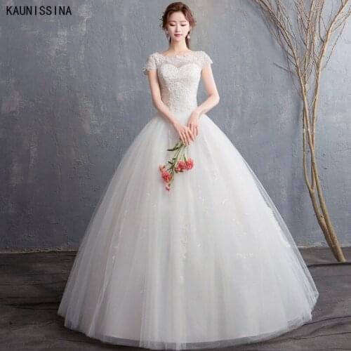 KAUNISSINA Ball Gown White Wedding Dresses Women Short Sleeve Pearls Appliques Bride Gowns Princess Church Bridal Dress Robe