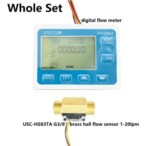 US211M Digital Flow meter Display with USC-HS83TA G3/8" Brass Flow Meter Totalizer Flow Measurement 1-20L/min