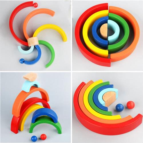 Wooden Seven-Color Rainbow Building Blocks Montessori Early Education Rainbow Jengle Arched Building Block Kids Educational Toy