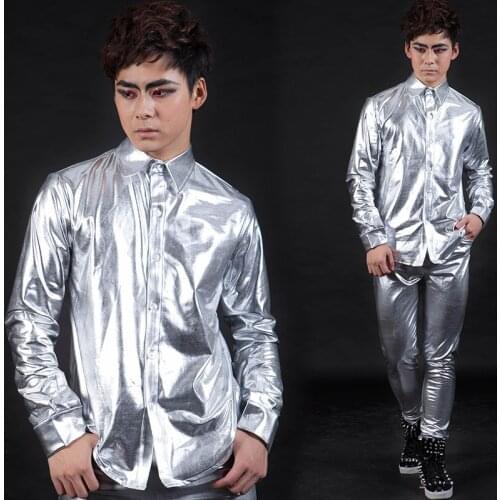 Jazz Dance Costumes Men Long Sleeve Silver Shirt Slim Pants Silver Reflective Suit Modern Dance Host Hiphop Dance Wear XS1730
