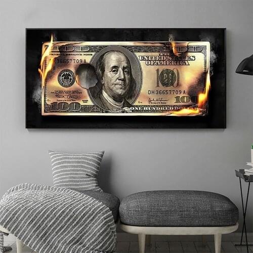 Burning Dollar Modern Art Canvas Painting Inspirational Posters And Prints Creative 100 Dollars Picture Living Room Wall Decor