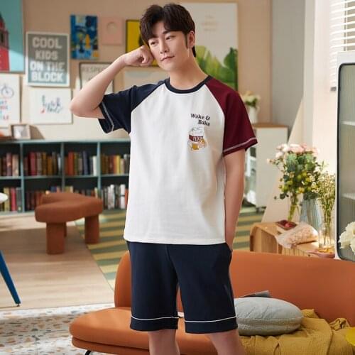 Summer Knitted Cotton Short Sleeve Mens Pajamas Set Round Neck Fashion Patchwork Cute Cartoon Sleepwear Plus Size Homewear Male