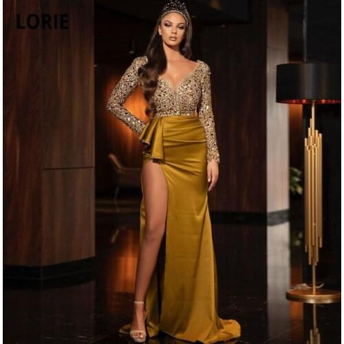 LORIE Arabic Evening Dresses Gold V- Neck Beaded Long Sleeves Sequined Mermaid Prom Gown Party Dress abendkleider 2021 dubai