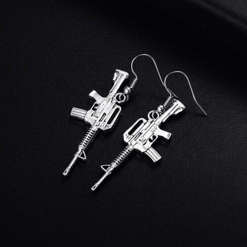 Trendy Vintage Rifle Gun Shape Dangle Antique Silver Plated Earrings for Women Girl Retro Drop Earrings Cute Earring Jewelry
