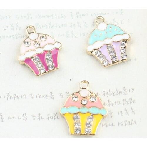 New Arrival 30PCS Cute Bling Rhinestone Cute Enamel Sweet Cup Cake Aloy Pendant Floating Charms for Keyring Phone Chain Hair Bow