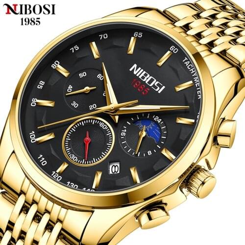 NIBOSI New Fashion Gold Mens Watch Sports Waterproof Chronograph Men Wristwatch Creative Auto Date Luminous Relogio Masculino