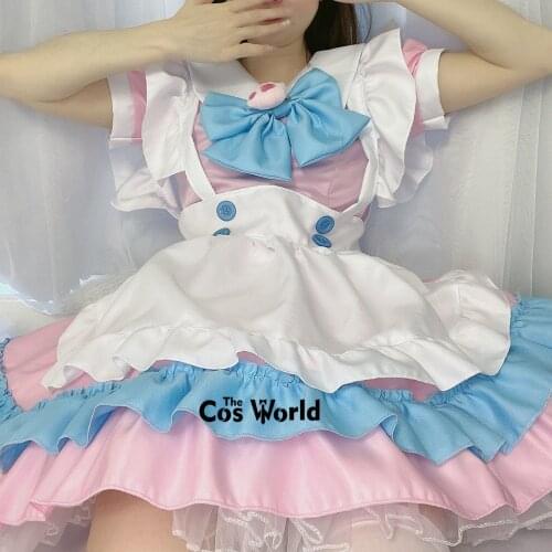 S-5XL Lolita Sweet Cat Paw Pink Blue Bowknot Apron Maidservant Maid Restaurant Dress Uniform Outfits Anime Cosplay Costume