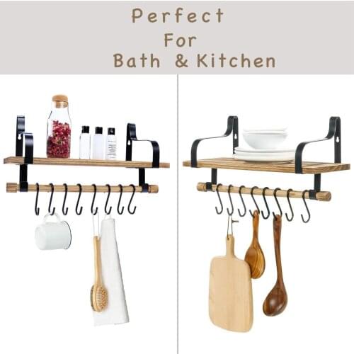 Rustic Wall Mounted Floating Wood Shelves Holder Rack Storage Hanger 8 Removable Hooks Home Kitchen Bathroom Organizer Bracket
