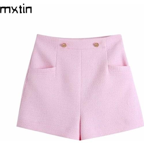 2021 Women Vintage With Double Buttons Plaid Tweed Shorts Fashion Spring Pocket High Waist Side Zipper Female Skort Mujer