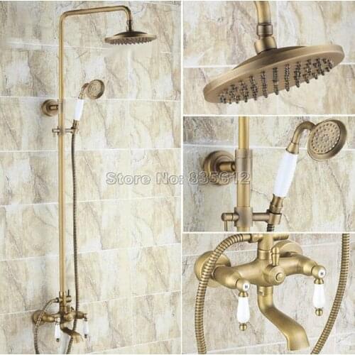 Rain Shower Faucet Set Antique Brass Bathtub Shower Mixer Tap with 8 inch Shower Head + Ceramic Handheld Shower Wrs145