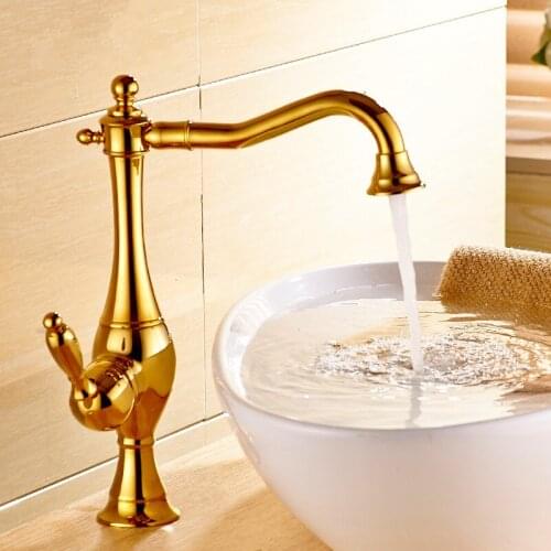 Kitchen Sink Faucets Hot & Cold Solid Brass Sink Mixer Taps Single Handle Deck Mounted Rotating Crane Tap Gold/Chrome/Black