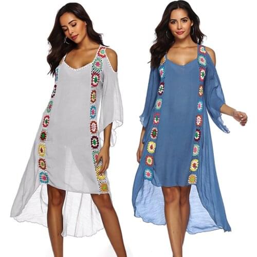 Women Beach Dress Cover-ups Crochet Swimsuit Cover Up Robe Swimming Beachwear 2021 Long Swim Cape for Woman Tunic Dresses