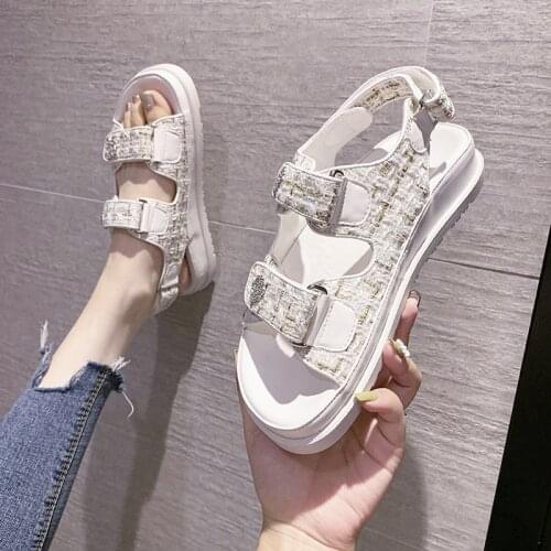 Kalsooni Women’ Flat Sandals 2021 Thick Sole Velcro Tweed Plaid Casual Beach Shoes 35-44