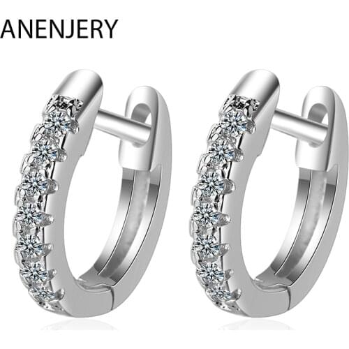 ANENJERY 925 Sterling Silver Fashion Simple Single Row Cubic Zircon Hoop Earrings With Ear Jewelry For Women Gifts S-E1004