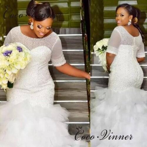 Short Sleeves Heavy Crystal Beading Mermaid Wedding Dress Court Train Custom Made White Wedding Gowns Women W0623