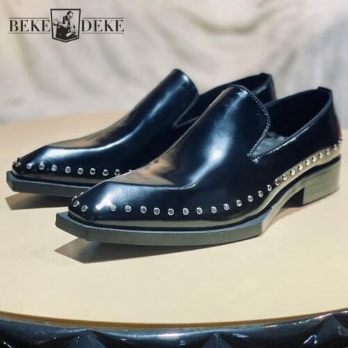 Brand Designer Square Toe Dress Shoes Men Party Luxury Rivets Genuine Leather Loafers Slip-On Black Cowhide Shoes Plus Size 45