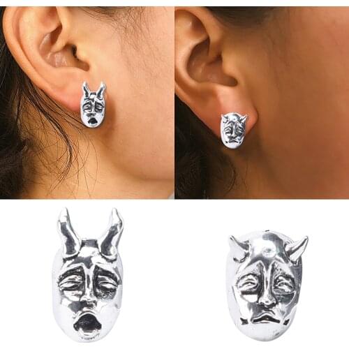 Men Women Biker Punk Jewelry Personality Silver Plated Gothic Horned Demon Baby Stud Earrings Devil Prajna Skull Earrings