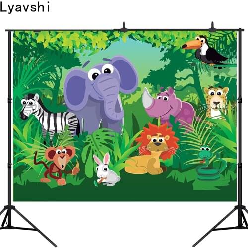 Lyavshi Photography Backdrop Cartoon Zoo Animals Banner rainforest Safari Background Children Birthday party Portrait Studio
