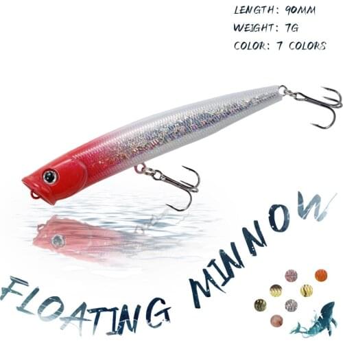 KoKossi 90MM/7G Floating Minnow Fishing Lures Artificial Hard Bait Popper 3D Eyes Swimbait Wobblers Treble Hook Fishing Tools