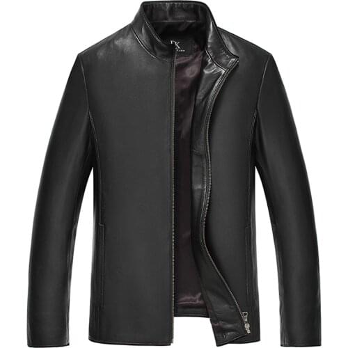 Simple Genuine Sheepskin Leather Men Coat Stand Collar Regular Male Formal Black Jacket Extra BigSize Men Natural Leather Jacket