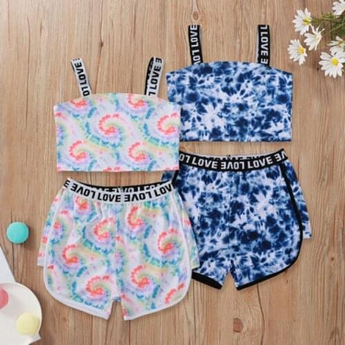 Summer Girls Stylish Casual Two-piece Suit Letter Print Sleeveless Sling Tops and Shorts Birthday Party Vacation Pink/Blue