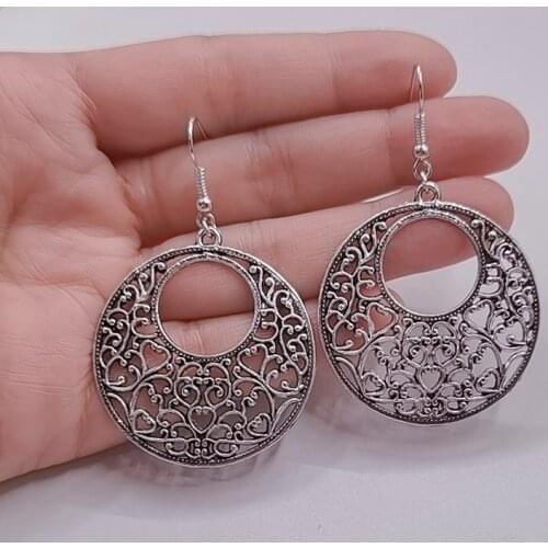Trendy Jewelry Bohemian Vintage Ethnic Tibetan Silver Long Big Hollow Round Drop Earring Carved Flowers dangle Earrings Women
