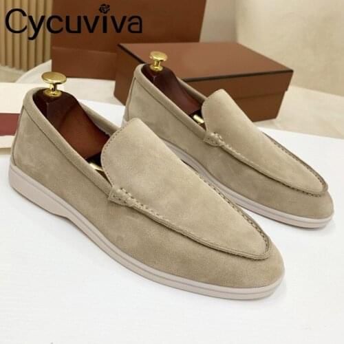 High Quality Casual Kid Suede Men Shoes Khaki Real Leather Flat Penny Shoes Men Slip-on Lazy Loafers Summer Walk Shoes for Men