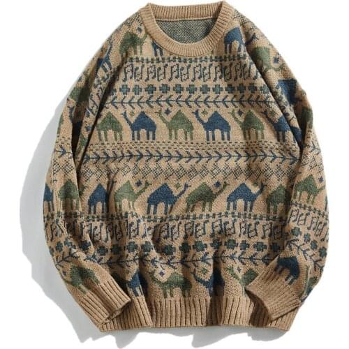Men Sweater Retro Camel Pattern Print Pullover Mens Sweater Pull Homme O-Neck Casual Loose Soft Knit Sweater ropa para hombre