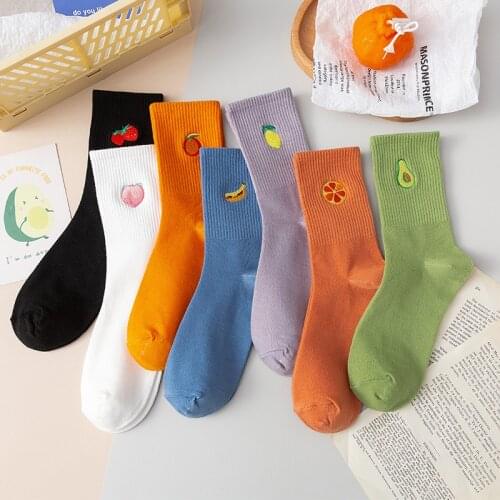 Kawaii Embroider Fruits Korean Style Woman Socks Cotton for Spring Autumn Japanese Funny Socks Women for All Season 121103