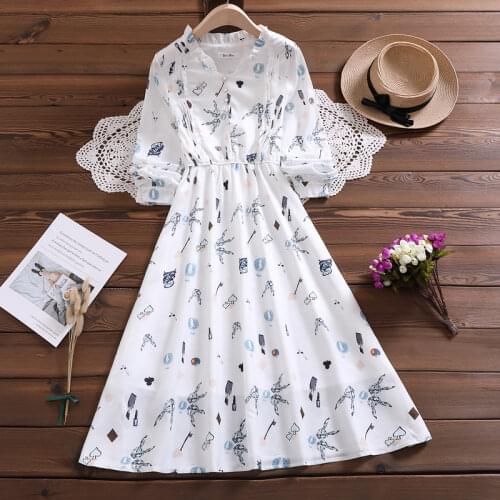 2021 Spring Autumn New Literary Artistic Fresh White Floral Waist Thin Temperament Long-sleeved Over-the-knee Dress Women 175B