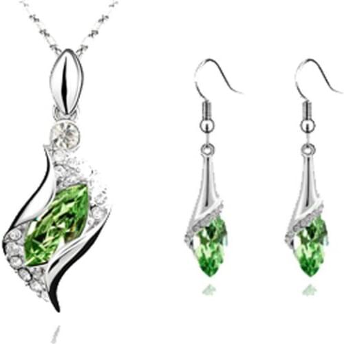 925 sterling silver necklace earrings gift, wedding womens jewelry set Fine jewelry Austria crystal silver green pendant