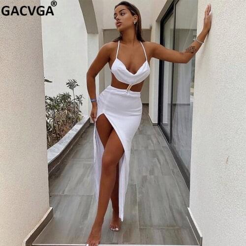 GACVGA Straps Backless Split Maxi Dress Summer Holiday Elegant Sleeveless White Black Sexy Evening Club Party Dresses Vestidos