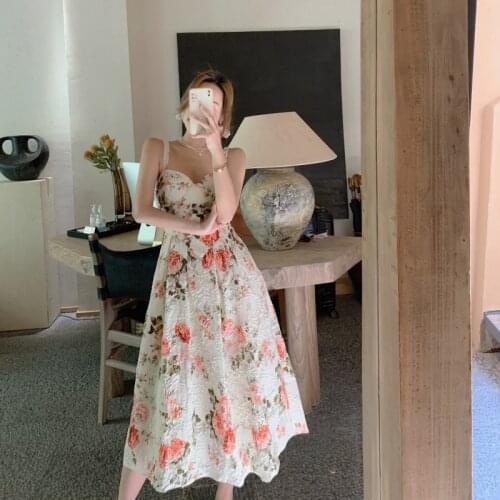 Fashion Summer Korean Vintage Floral Maxi Party Birthday Dress Ladies Elegant Casual Sexy Strap Sleeveless Beach Vacation Dress