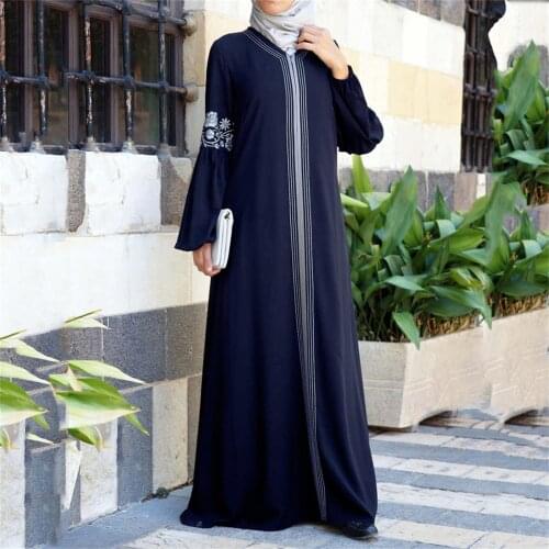 Long Sleeve Womens Muslim Abaya Long Dress Floral Printed Zipper Stripe Splicing Vintage Kaftan Islamic Loose Maxi Dresses 2021