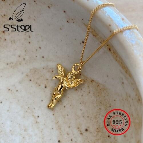 SSTEEL Angel Pendants Necklace 925 Sterling Silver For Women Gold Necklaces Collares De Plata De Ley 925 Mujer Fine Jewelry