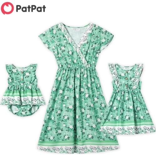 PatPat Floral Print Matching Green Midi Dresses