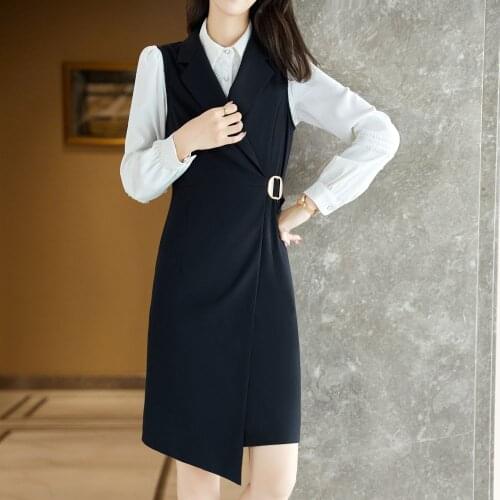 Korean autumn double row Tibetan green professional vest dress + white shirt 2-piece work clothes professional suit female