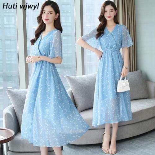 Plus Size Summer Vintage Chiffon Boho Beach Holiday Sundress 2021 Korean Elegant Women Party Midi Dresses Casual Maxi Vestidos