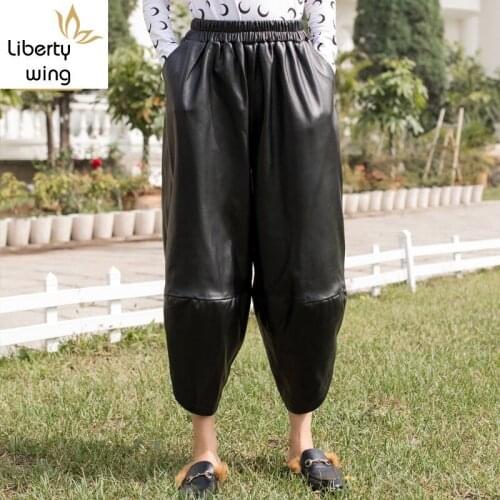 Winter New Elastic Waist Baggy Plus Size Real Women Casual Loose Genuine Sheepskin Leather Trousers Harem Pants
