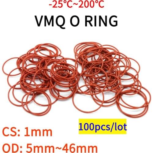 100pcs VMQ O Ring Seal Gasket Thickness CS 1mm OD 5 ~ 46mm Silicone Rubber Insulated Waterproof Washer Round Shape Nontoxi Red