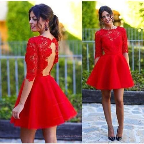 2015 Sweety Hot Red Homecoming dresses Half Sleeves Bateau Neck Lace Open Back A Line Short Prom Cocktail Dresses