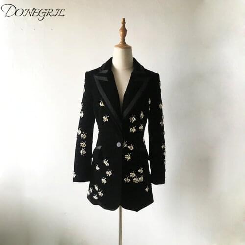 2020 European and American style temperament commuter black velvet long section female coat bee studded beaded shirt suit