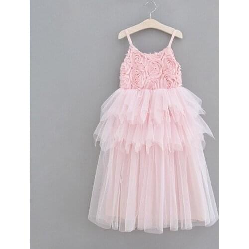 2019 Girl Summer Sling Dress Tutus Kids Three-dimensional Flower Yarn Princess Long Kids Dresses for Girls