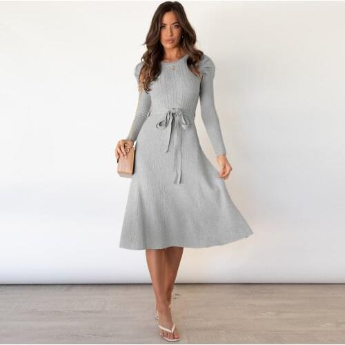 2021 Elegant Puff Sleeve O-Neck Sweater Dress Women Thick Knitted Winter Dress Female Slim A-line Basic Casual Black Dresses